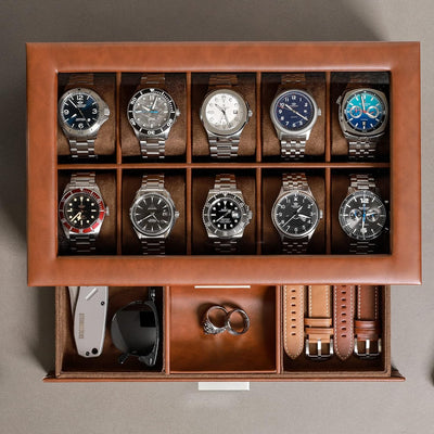 ROTHWELL Leder-Uhrenbox mit 10 Fächern, Luxus-Uhrenetui, Display-Organizer, abschliessbarer Schmuck-