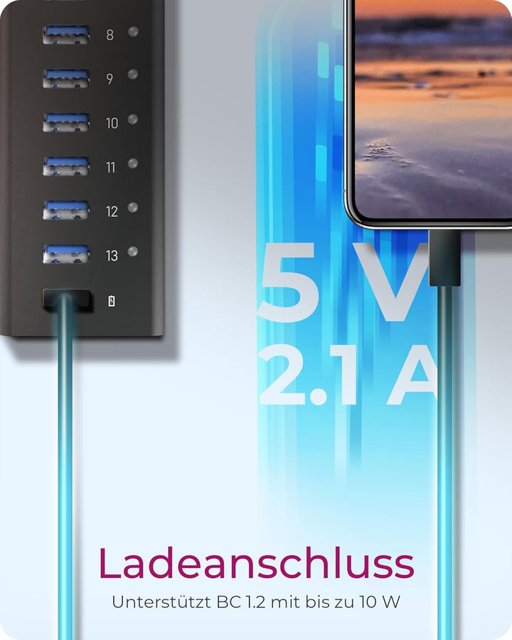 ICY BOX Box IB-AC6113 13-fach USB 3.0 Hub mit 12 V / 5 A Stromadapter, Aluminiumgehäuse und USB-Lade