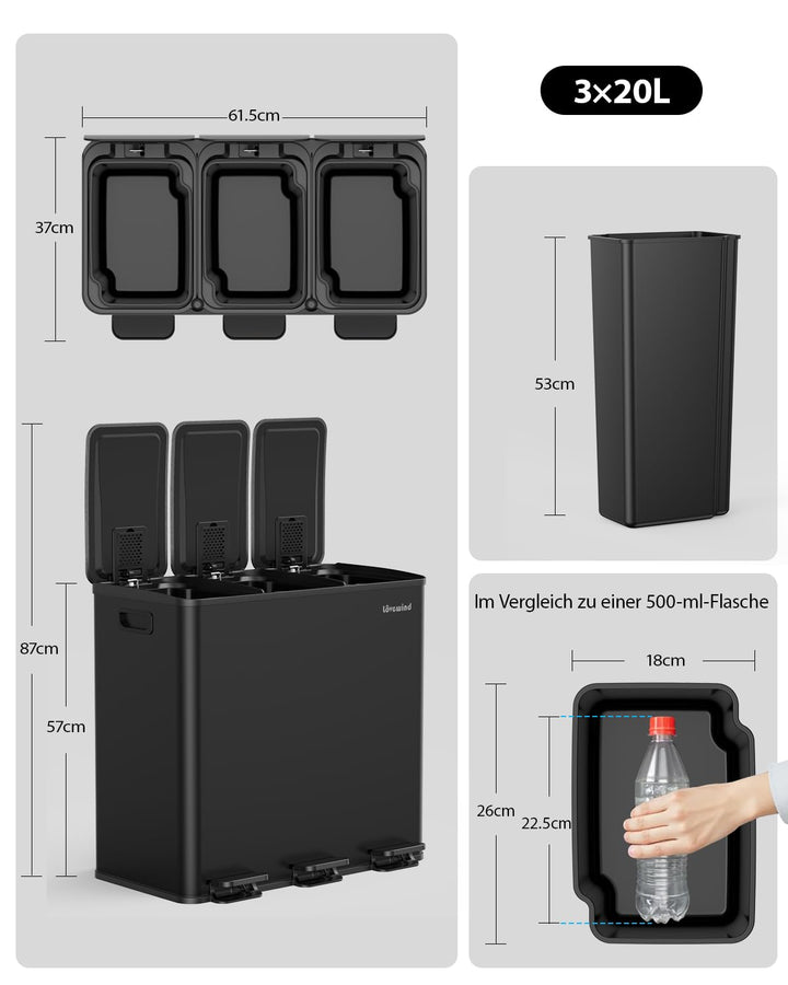 lovewind Mülleimer, 3 x 20L Recyclingeimer, 3-Fach-Mülleimer für Recycling und Abfall, inklusive Mül