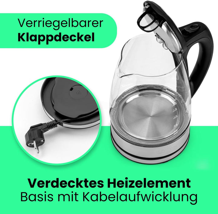 Bomann® Wasserkocher Edelstahl 1,7 Liter | BPA frei | Glaswasserkocher | 2200W | Sicherheitsglas | W