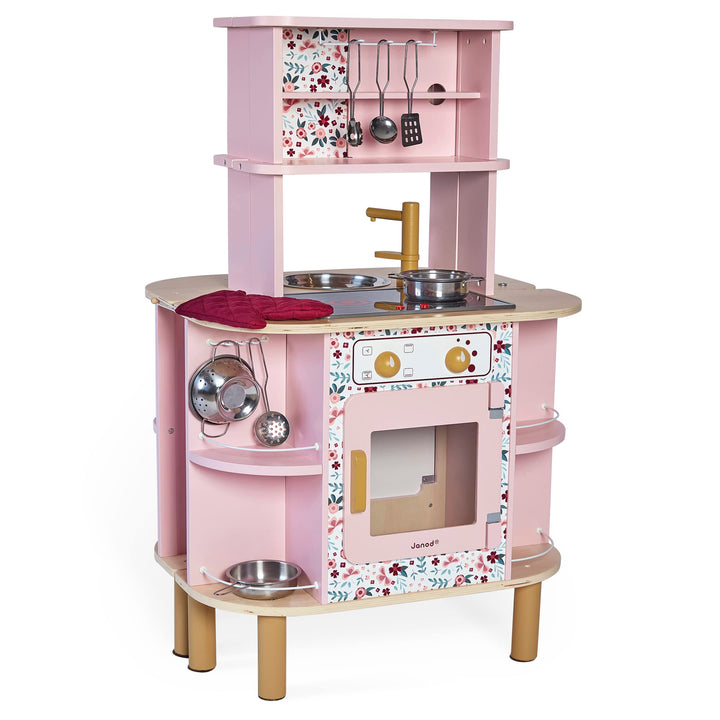 Janod - Twist Kinderküche aus Holz - Doppelseitige Küche - Mit 8 Utensilien - Ofen, Drehknöpfe, Koch