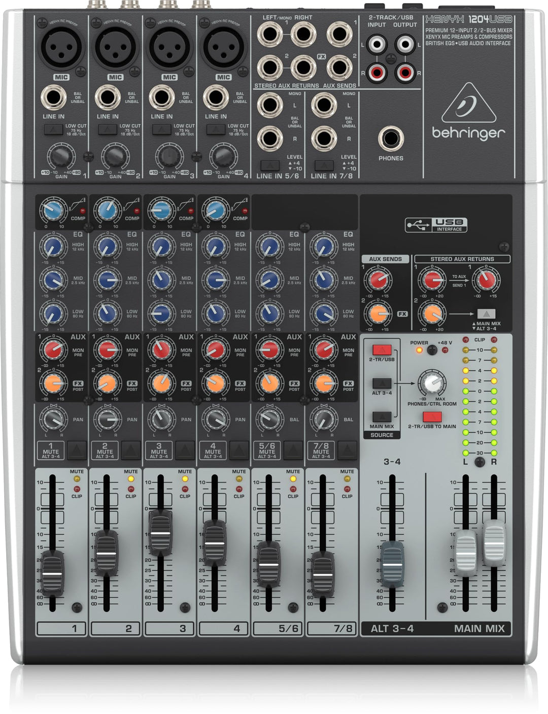 Behringer XENYX 1204USB Premium 12-Input 2/2-Bus Mixer mit XENYX Mic Preamps und Compressors, Britis