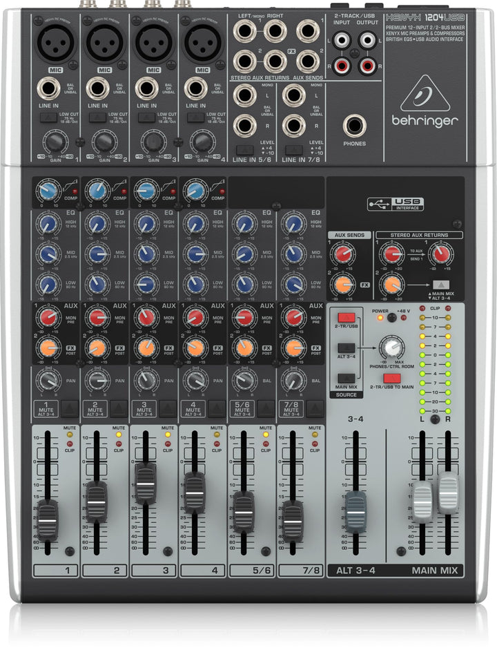 Behringer XENYX 1204USB Premium 12-Input 2/2-Bus Mixer mit XENYX Mic Preamps und Compressors, Britis