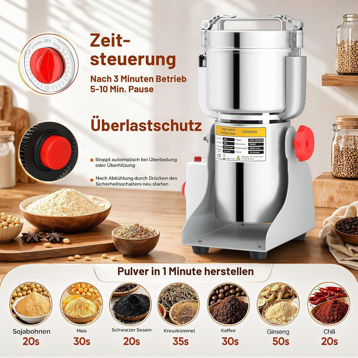 Getreidemühle Elektrisch 800g mit Timer, Überhitzungsschutz, Schwenktyp, 800g