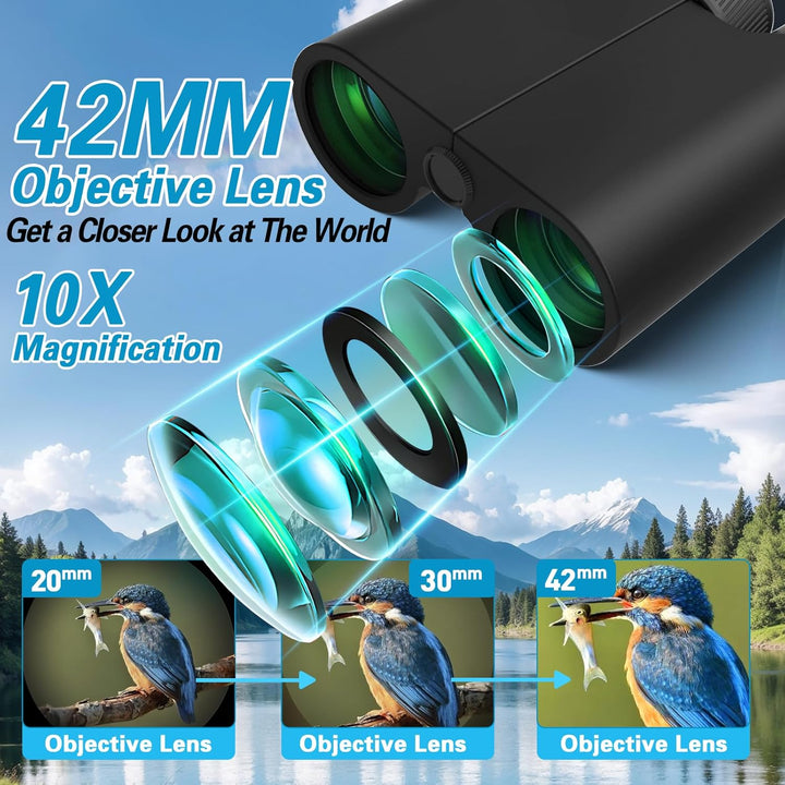 10x42 Fernglas für Erwachsene, leistungsstarkes kompaktes Fernglas mit schwachem Licht, Nachtsicht f