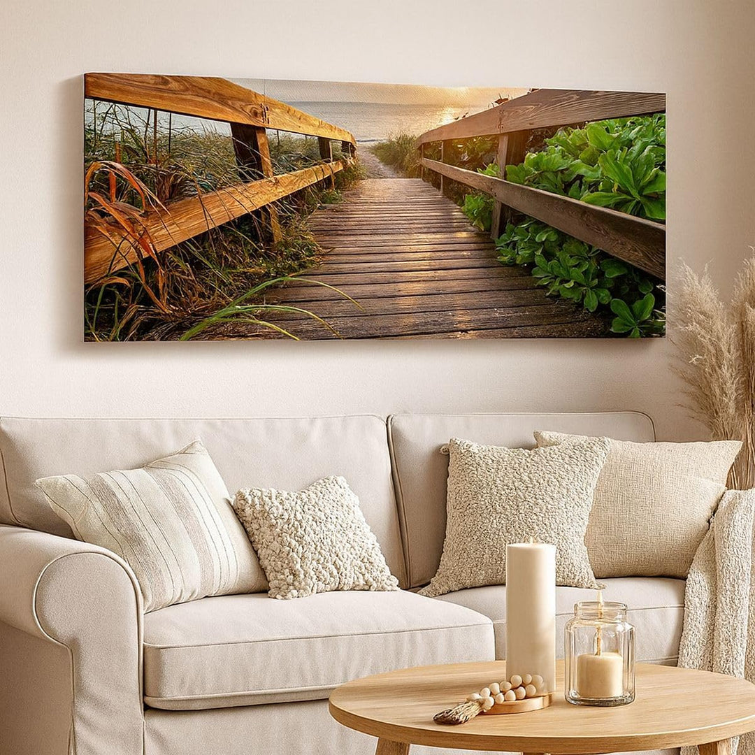 Wandbilder Dekoration Wohnzimmer Fussgängerbrücke Meer Strand Ufer Panorama Bilder auf Leinwand 120x