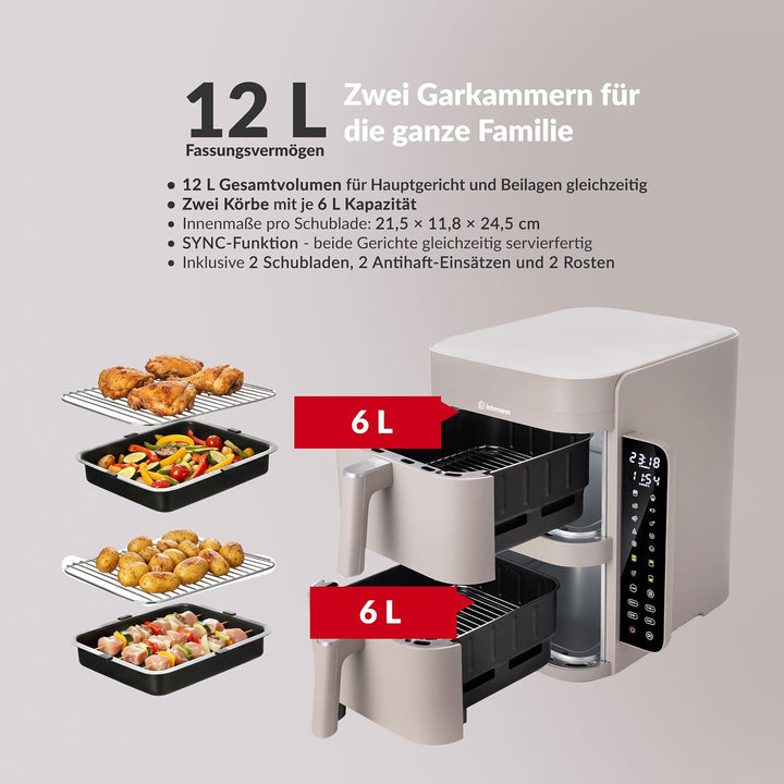 LEHMANN Heissluftfritteuse 2 Kammern XXL, 12 L, 2 vertikale Schubladen, 40-230°C, Antihaftbeschichtu