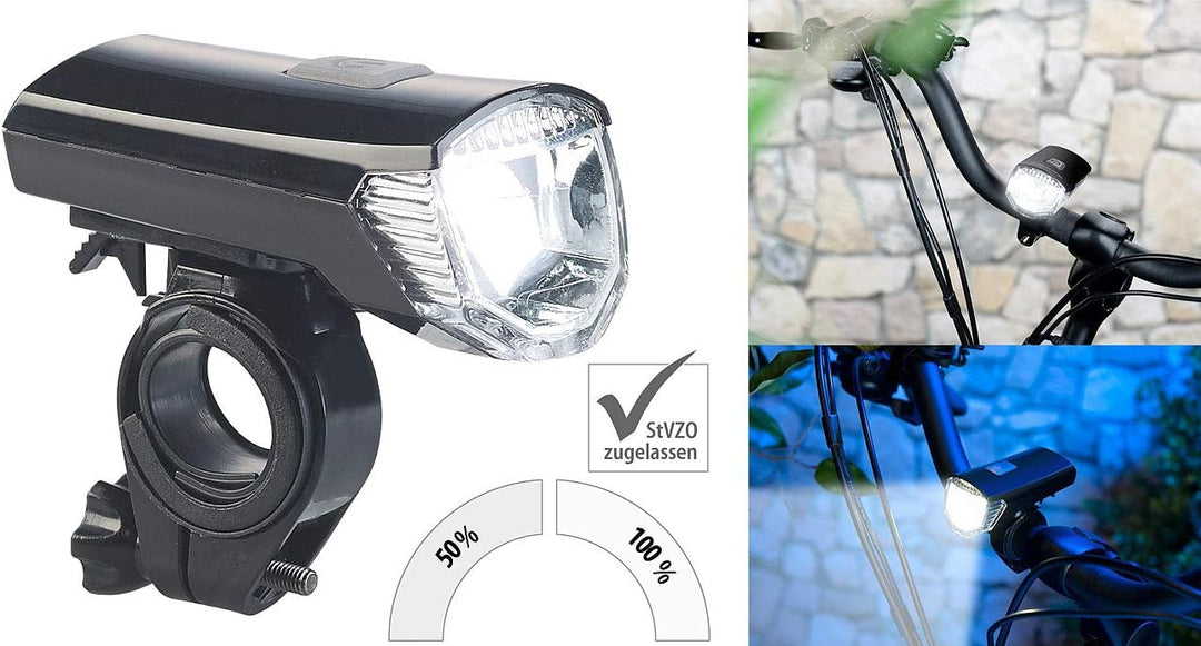 PEARL Fahrradlampe: Akku-Fahrradlicht mit Cree-LED &amp; Lenker-Halter, 120 Lumen, USB, IPX4 (Cree Fahrr