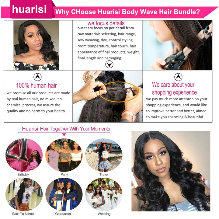 Huarisi 3 Bundles Human Hair Body Wave 14 16 18 Inch 12A Unprocessed Brazilian Virgin Hair Body Wave