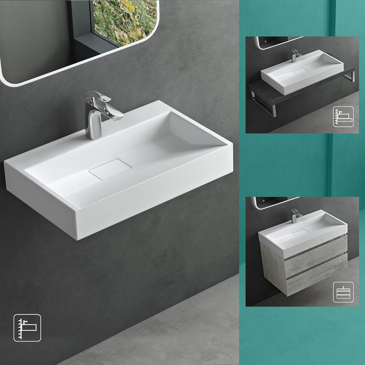 Mai &amp; Mai Aufsatz-Waschbecken Mineralguss Hänge-Waschtisch 100x46x11cm Col19 in Weiss matt mit Armat