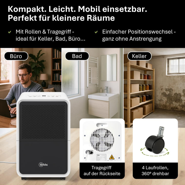 alfda AEF1200 Luftentfeuchter 12 L Tag | bis 25 m², leise & energieeffizient, Automatikprogramm, Abl