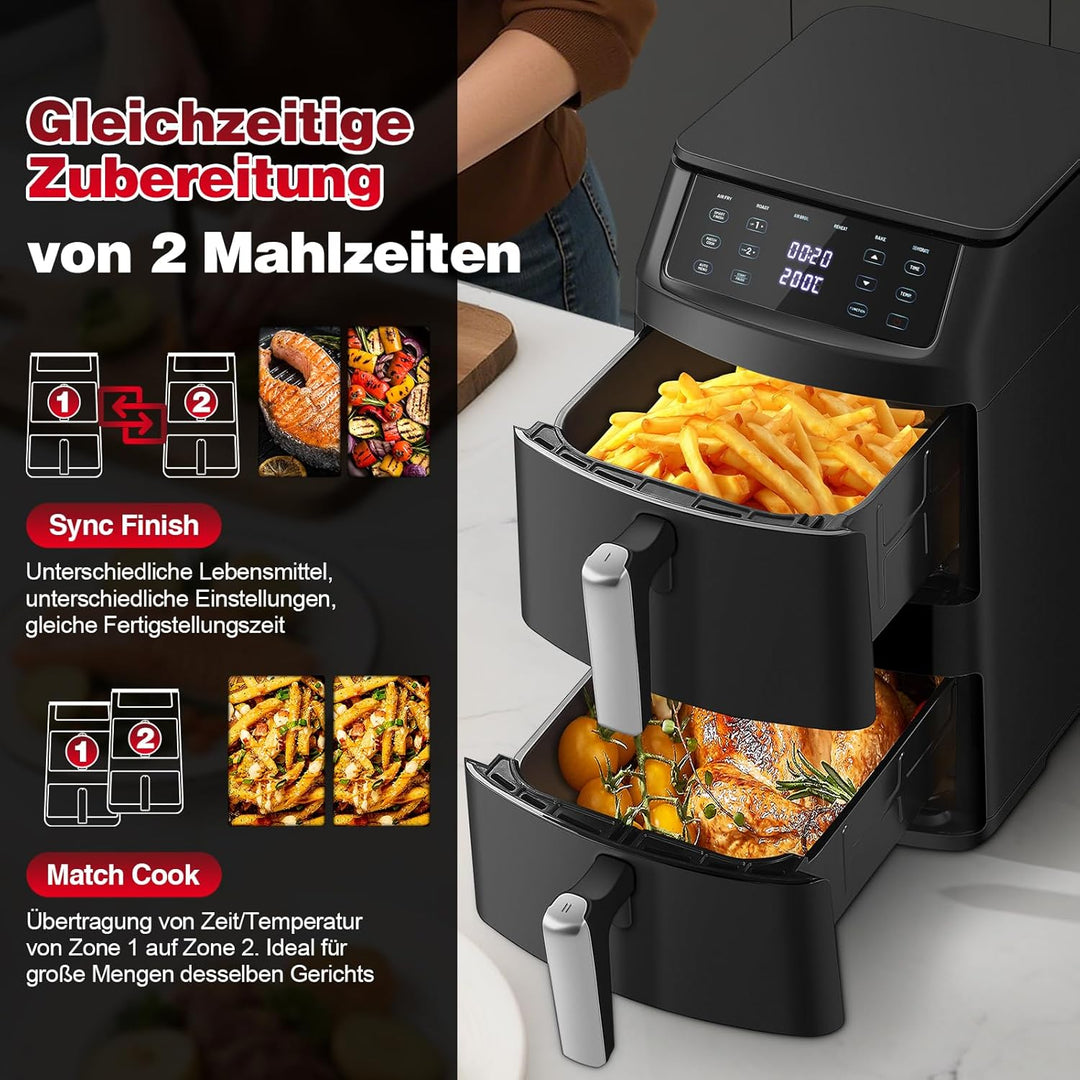 TopStrong Heissluftfritteuse, Airfryer 2 Kammern Vertikale 11L, Double Stack Heissluftfritteuse Dopp