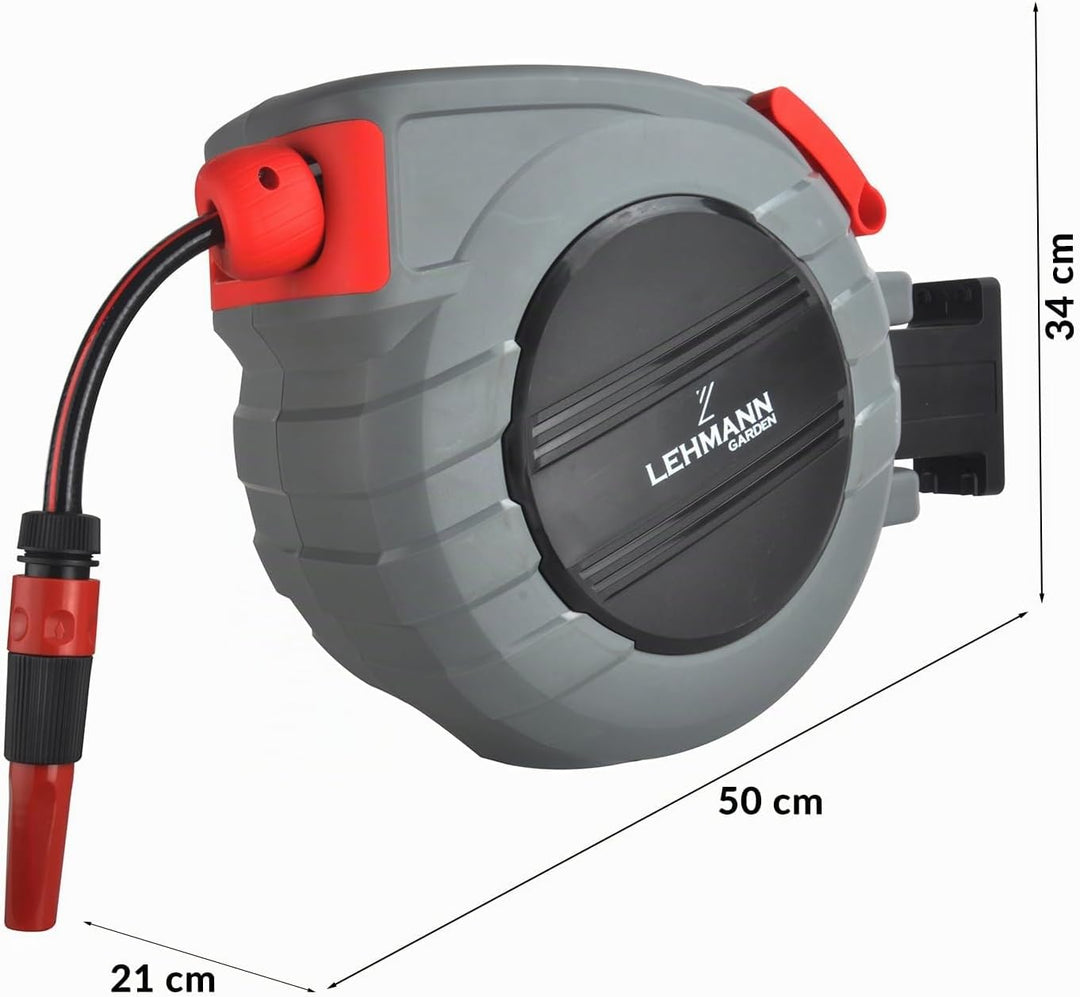 LEHMANN Wand-Schlauchbox 20 m + 2 m, Schlauchtrommel für Flexible Gartenbewässerung, Automatischer S
