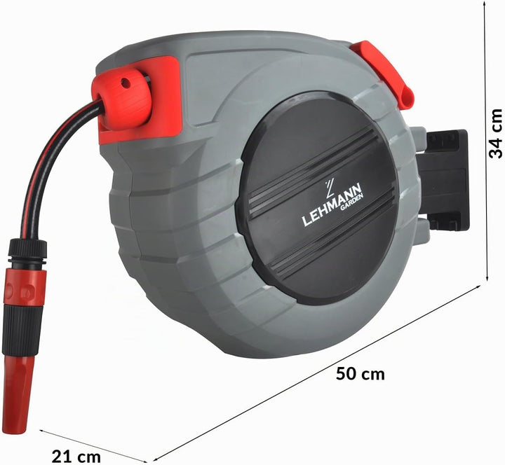 LEHMANN Wand-Schlauchbox 20 m + 2 m, Schlauchtrommel für Flexible Gartenbewässerung, Automatischer S