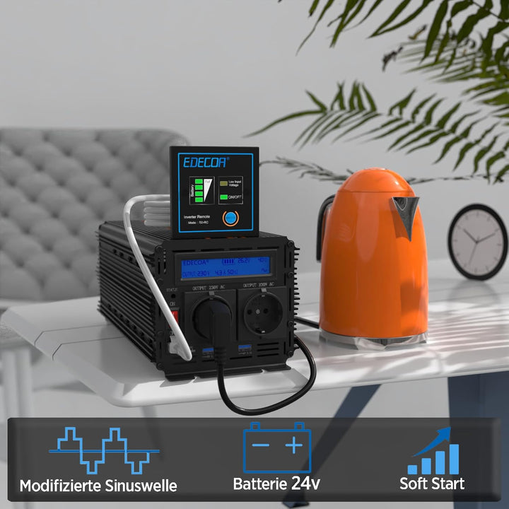 EDECOA Wechselrichter 2000w Spannungswandler 24v 230v Wechselrichter modifizierte Sinus 24v 220v LCD