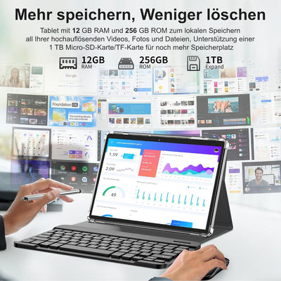 QDDQ Tablet 10 Zoll, 2-in-1 Tablet mit Tastatur, Android 13 Tablet, 256GB ROM+1TB TF, 8000mAh mit Hü