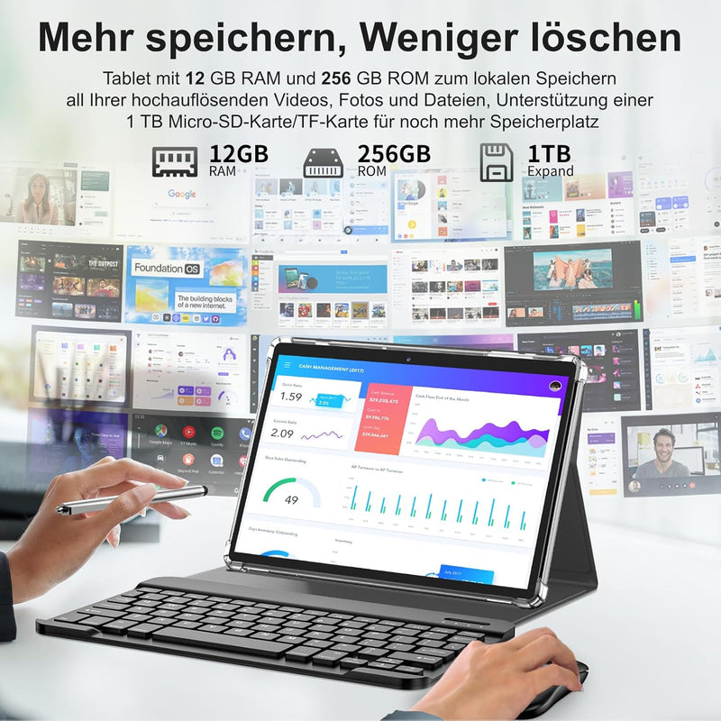 QDDQ Tablet 10 Zoll, 2-in-1 Tablet mit Tastatur, Android 13 Tablet, 256GB ROM+1TB TF, 8000mAh mit Hü