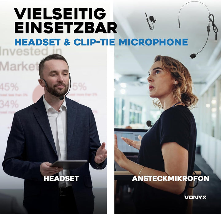 Vonyx WM55B Funkmikrofon Set, Headset Mikrofon und Lavalier Mikrofon Kabellos mit Plug-in-Empfänger,