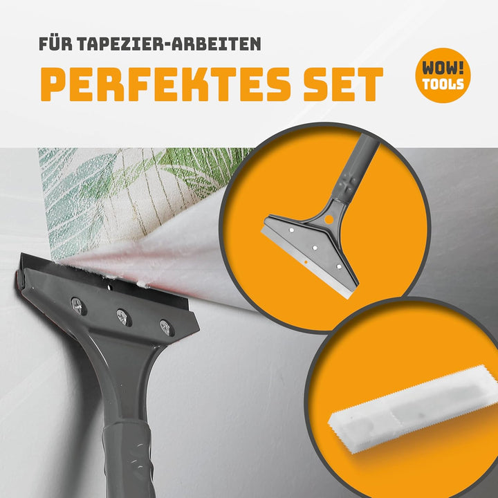 WOW!TOOLS Tapeten-Entferner-Set inkl. robustem Tapetenschaber/Bodenschaber und 5 Ersatzklingen aus g