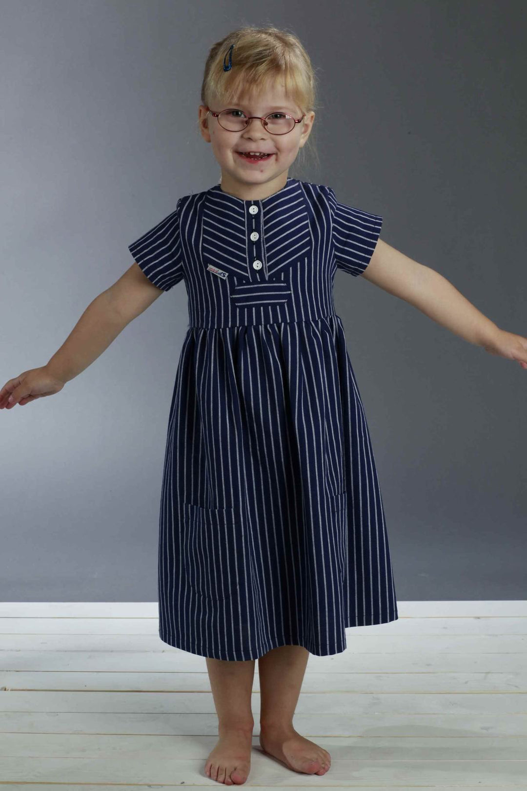 modAS Fischerkleid für Kinder breit gestreift klassischer Stil Grössen 92 Blau, 92 Blau