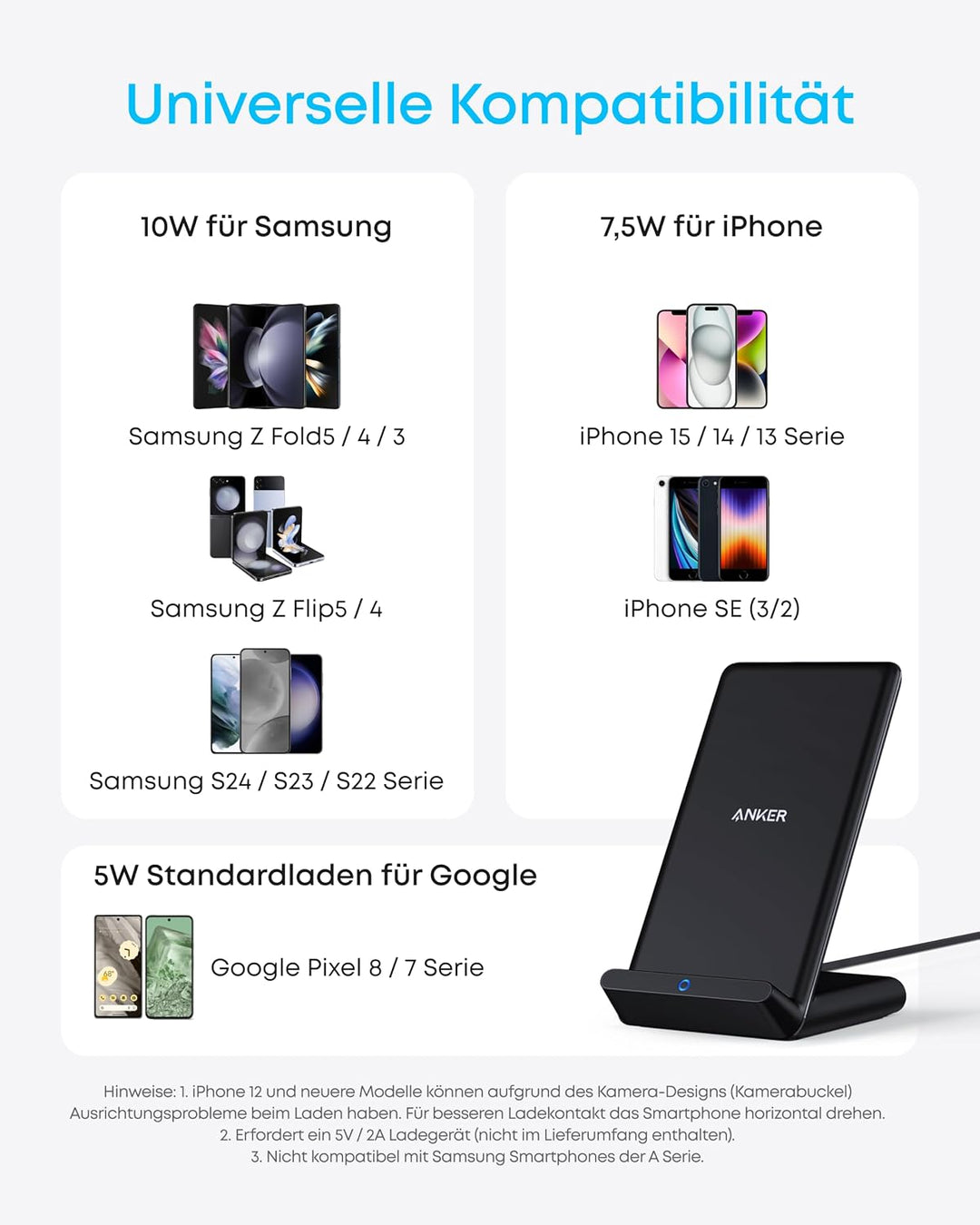 Anker 313 Induktive Ladestation, Qi-zertifiziert, Geeignet für iPhone 16 / 15 / 15 Pro / 15 Pro Max,