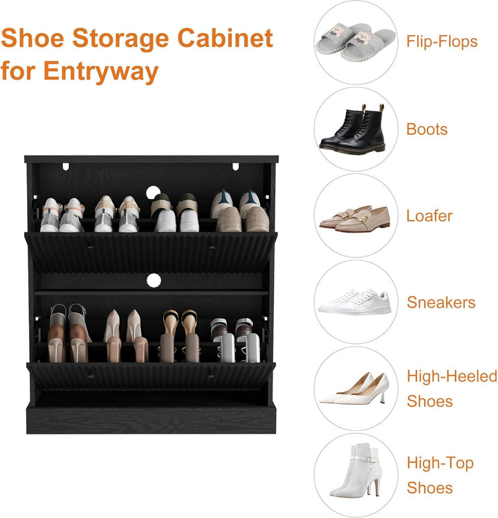 Wellen-Design 80×25×H90 cm Schuhschrank, Shoe Cabinet Mit 2 Klappen, Verstellbares Regal & Versteckt