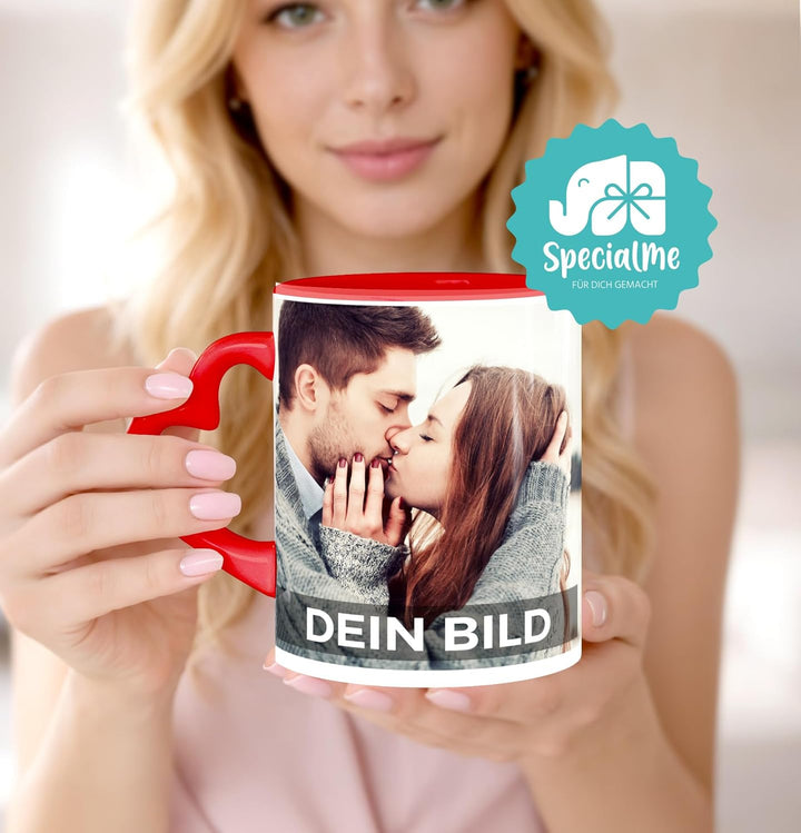 Fototasse mit Herzhenkel personalisiert mit eigenem Bild und Text Fotogeschenk Liebe Valentinstag We