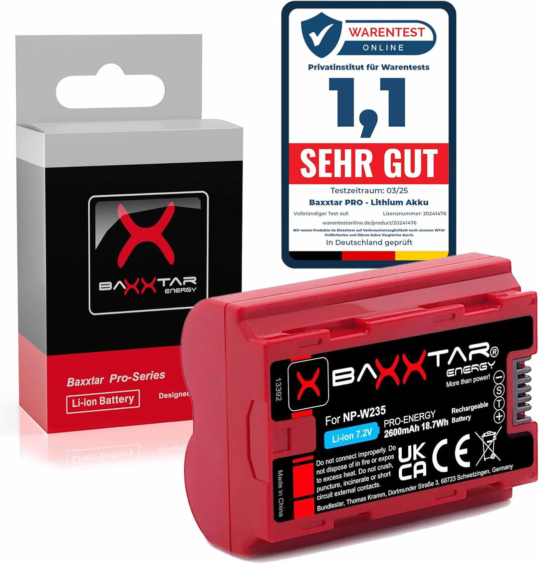 Baxxtar Pro NP-W235 2400mAh Kamera-Akku mit NTC-Sensor und Transportschale Kompatibel mit Fuji Fujif