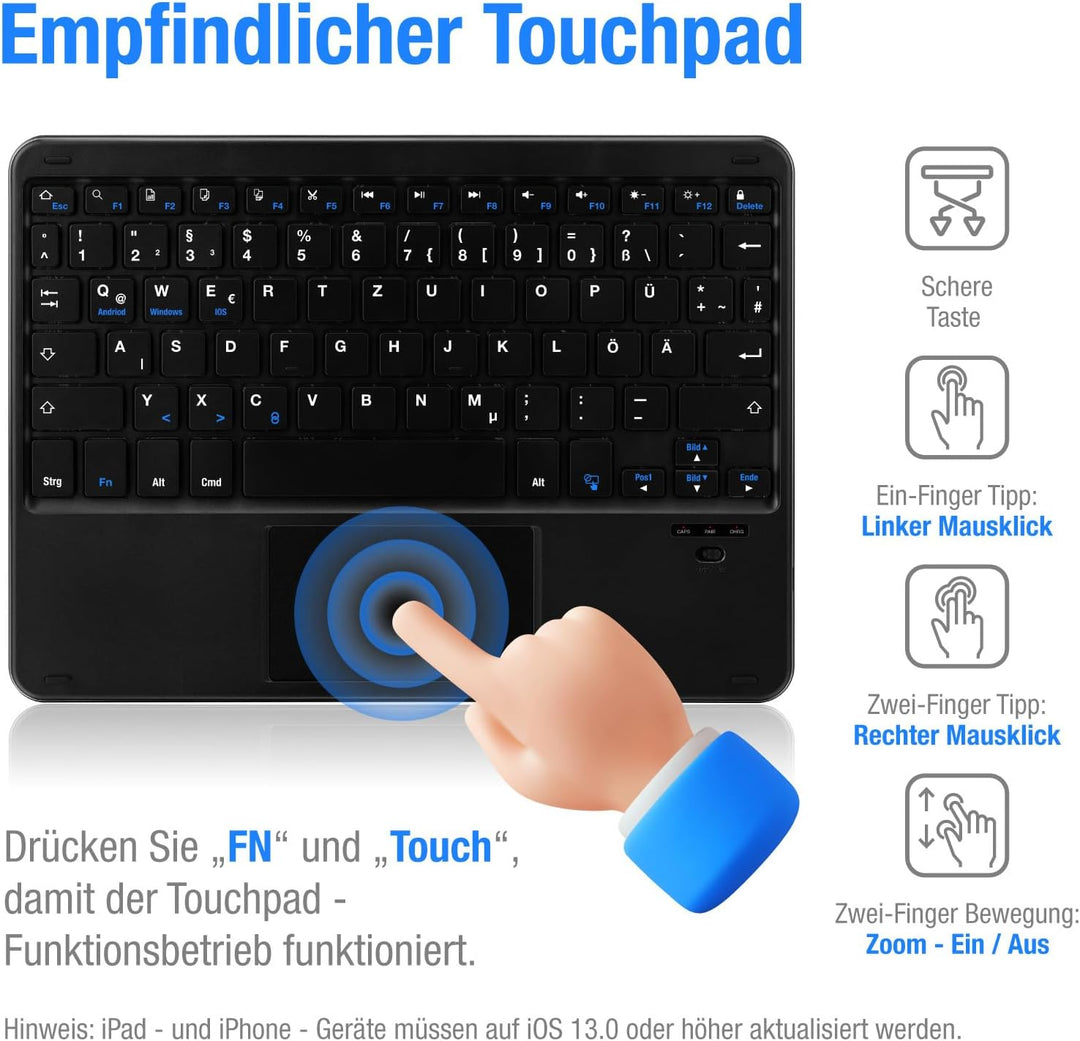MAYPHY Kabellose Mini-Tastatur mit Touchpad, tragbare Tastatur, für iPad, Tablets, Laptops, leise Ta