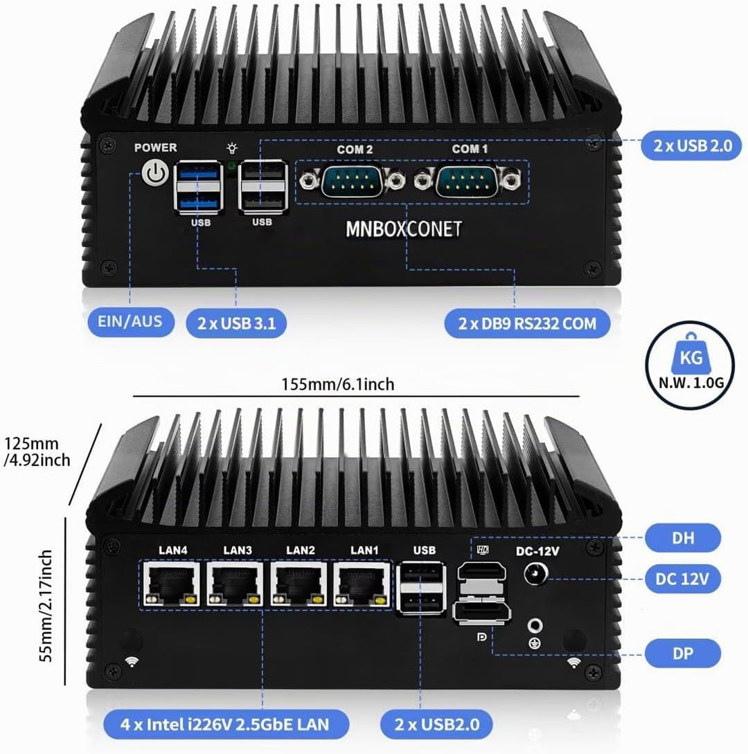 Lüfterlos Mini PC N150 Firewall Appliance Industrial Micro Büro, 4 x 2.5Gbit LAN + 2 RS232 Com, 8GB