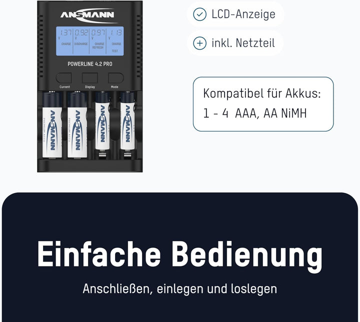 ANSMANN Batterieladegerät für 4X AA/AAA NiMH Akkus - Ladegerät mit 5 Ladeprogrammen: Laden, Entladen