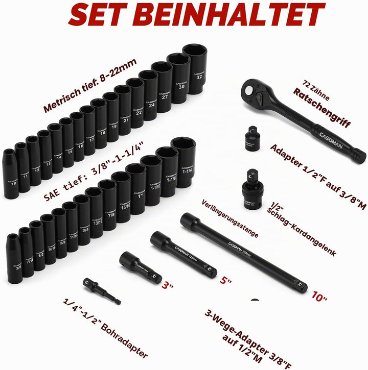 CASOMAN 1/2 Zoll Drive Master Impact Steckschlüssel-Set, 36-teilig tief, Standard SAE (3/8 Zoll bis