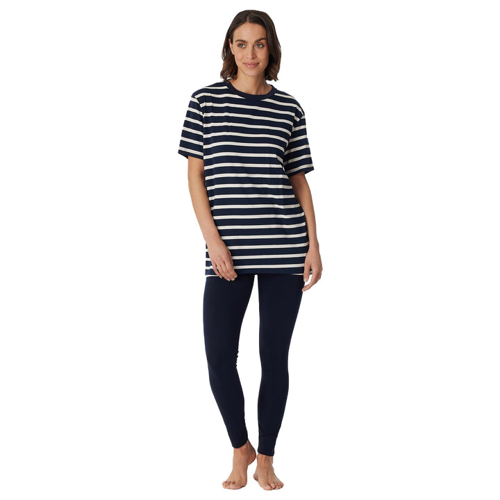 Schiesser Damen Schlafanzug kurzarm und lange Hose Baumwolle - Essential Pyjamaset, Dunkelblau