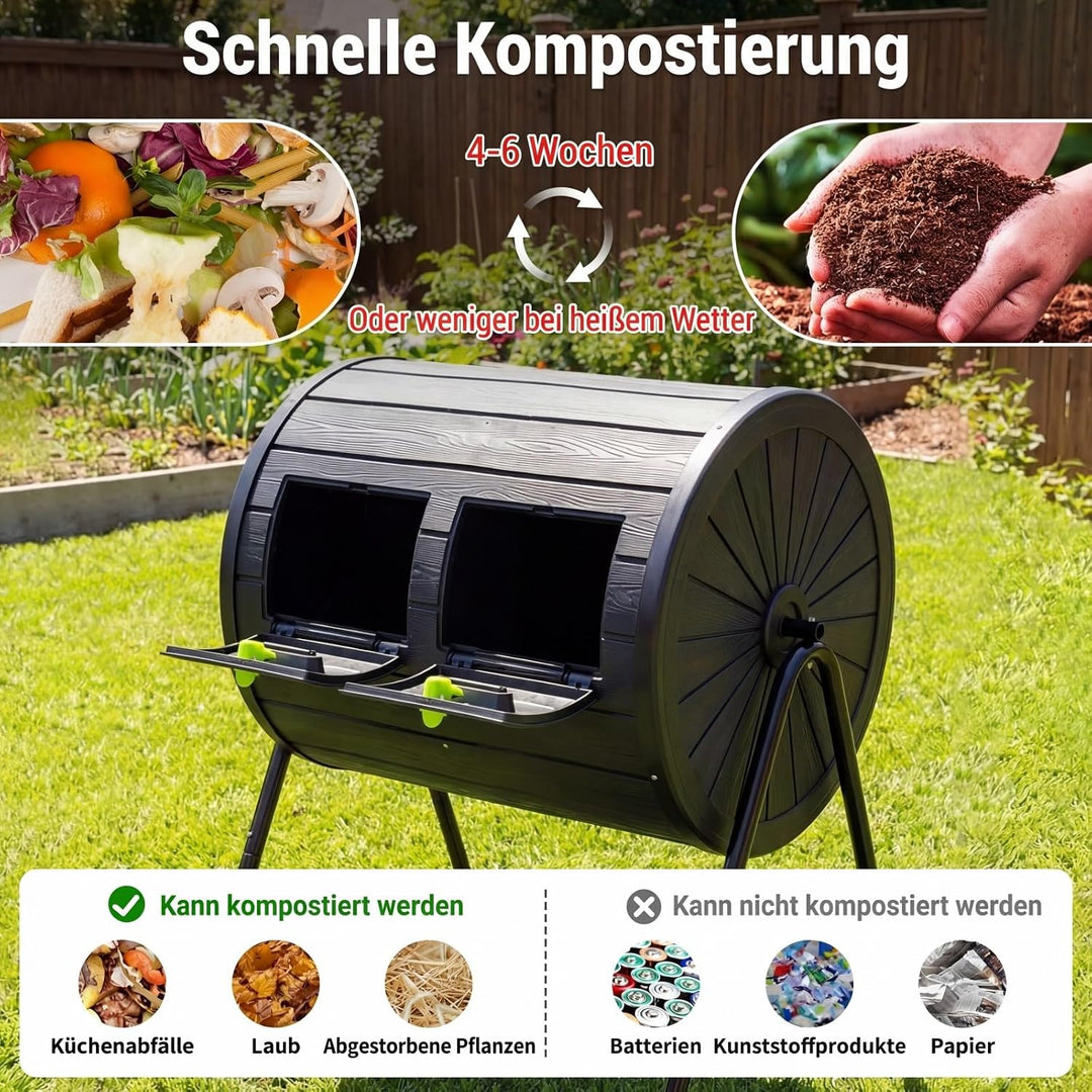 HOMASIS 142 L Trommelkomposter aus PP &amp; Metall, 360° drehbarer Schnellkomposter mit 2 Kammern, Therm
