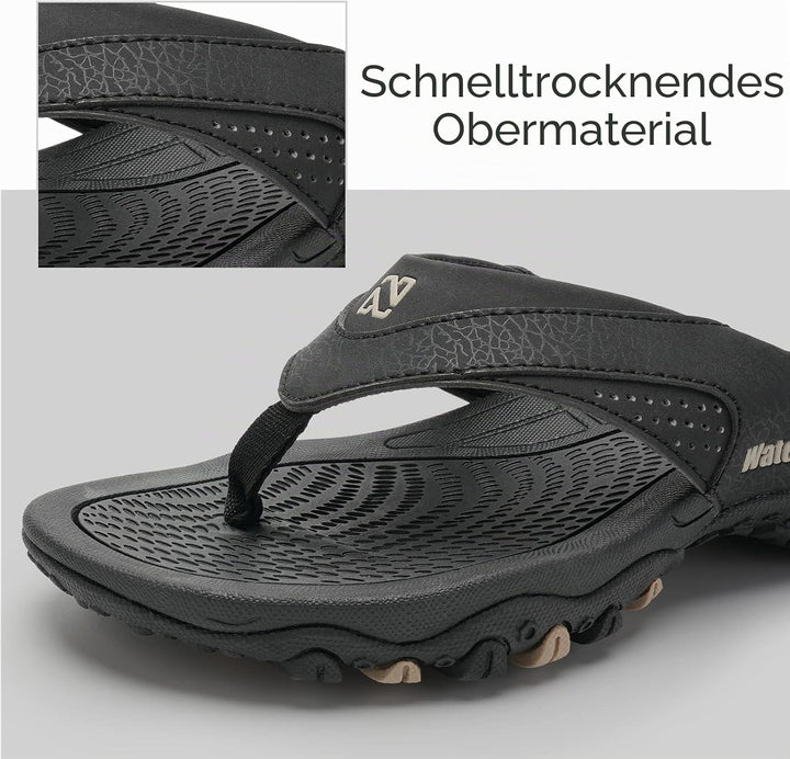 WateLves Herren Flip Flops Zehentrenner Leder mit Arch Support Sandalen Weich Leder Stoff Badelatsch