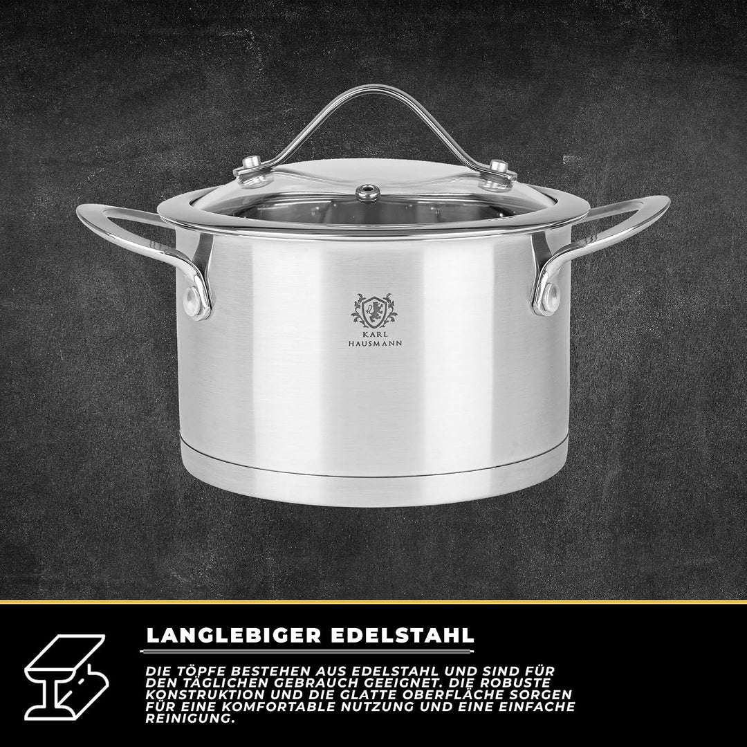 Topfset Induktion 3-teilig, Kochtopf Set mit Glasdeckel, Edelstahl mattiert, Induktions Töpfe Set un