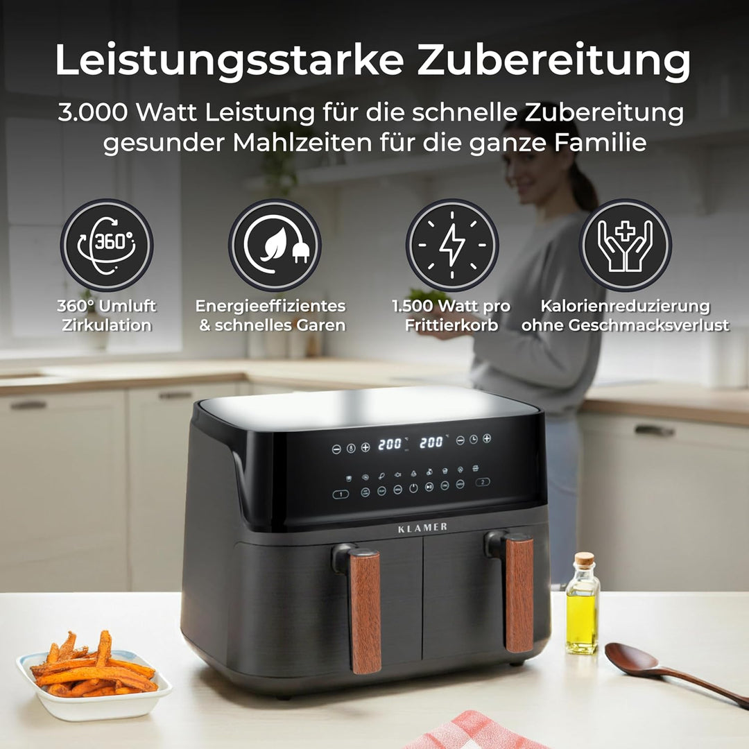 KLAMER Heissluftfritteuse Duo 9 L – Doppelkammer Airfryer mit 2 Körben & Digitaldisplay, 10 Automati