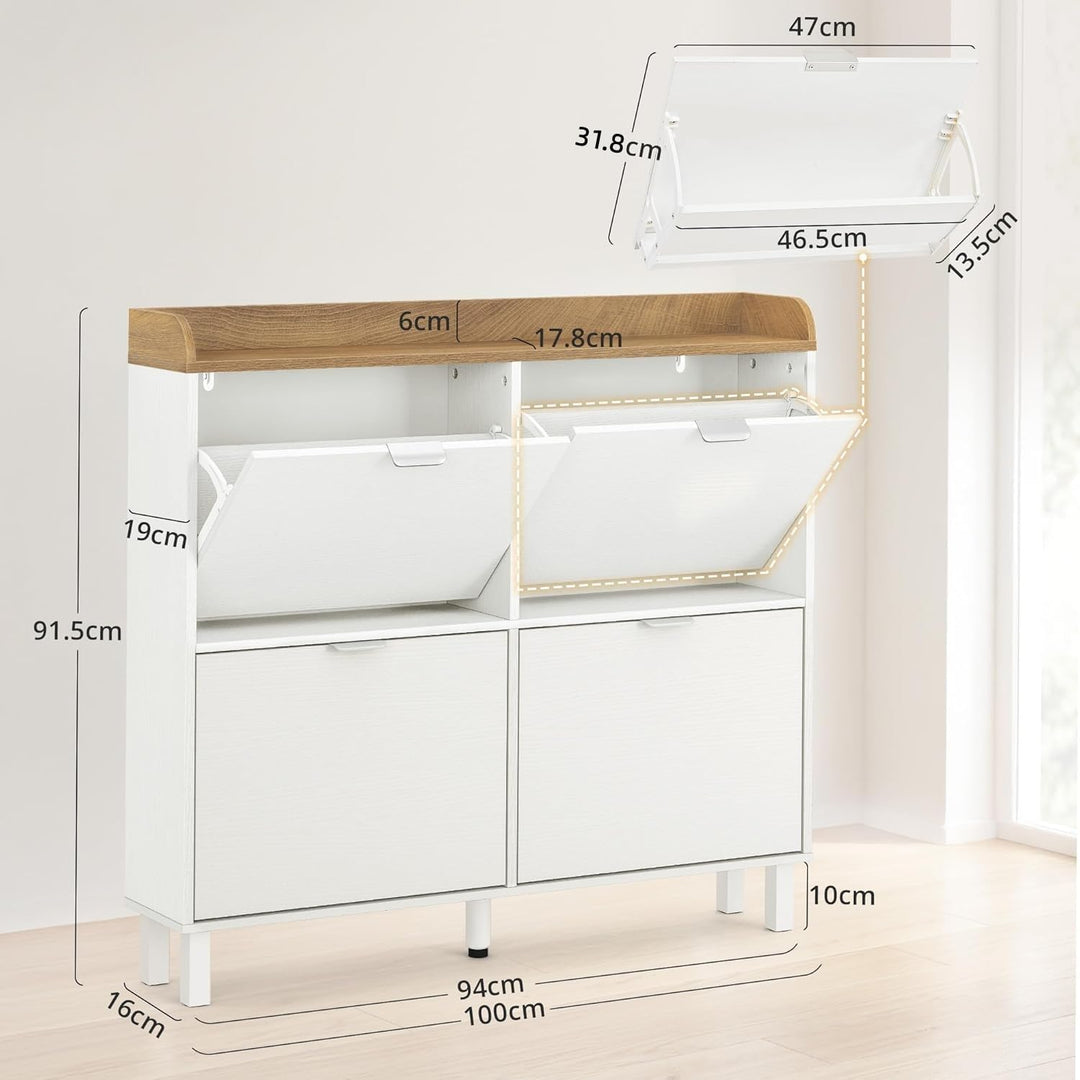 LUE BONA Schuhschrank schmal, Schuhschrank mit 4 Flip-Klappen, Schuhkipper mit Holzfüssen, Schuhrega