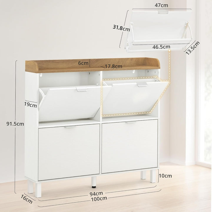 LUE BONA Schuhschrank schmal, Schuhschrank mit 4 Flip-Klappen, Schuhkipper mit Holzfüssen, Schuhrega