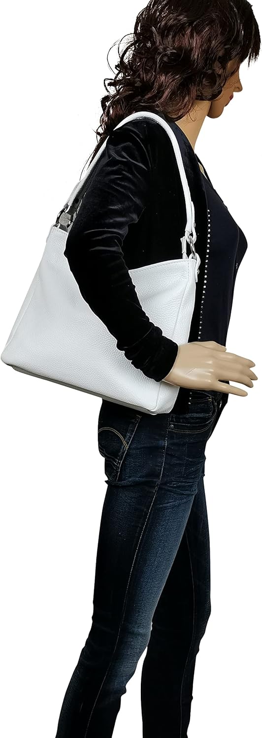 AmbraModa GL35 - Damen Handtasche Schultertasche Umhängetasche aus genarbtem Rindsleder Beige Creme,