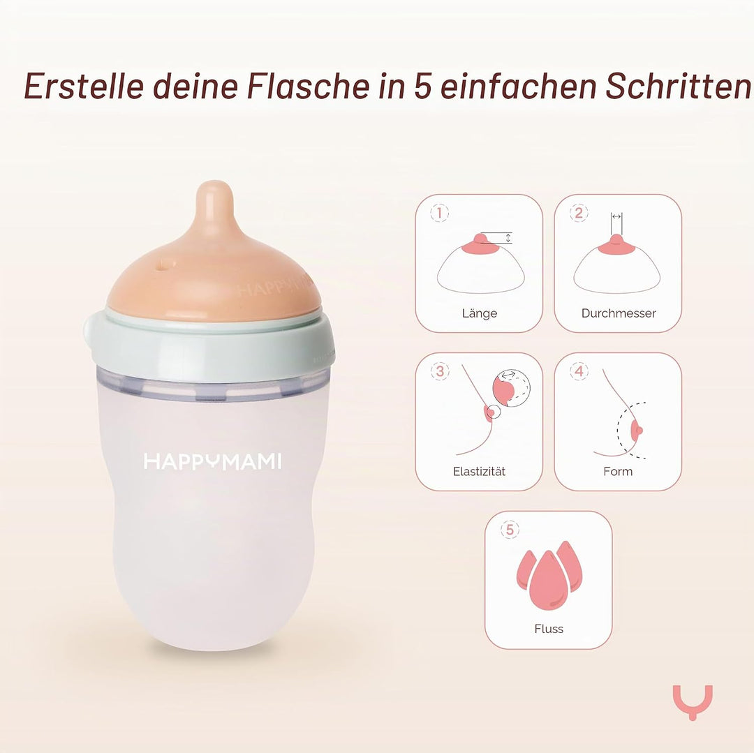 Happymami,Set aus 3 personalisierbaren Babyflaschen, Sauger aus Lebensmittelecht, doppeltes Anti-Kol