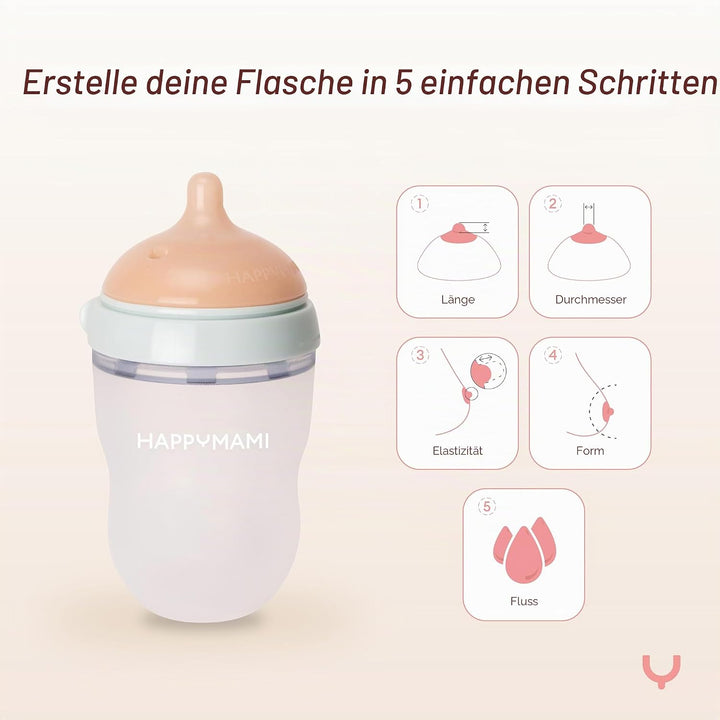 Happymami,Set aus 3 personalisierbaren Babyflaschen, Sauger aus Lebensmittelecht, doppeltes Anti-Kol