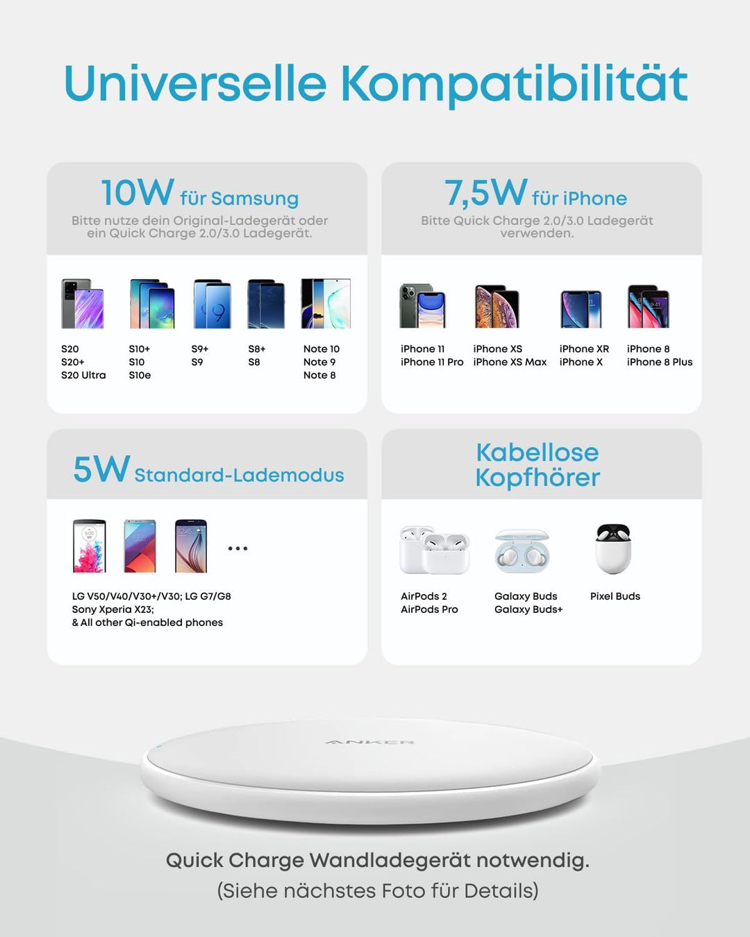 Anker 313 Kabelloses Ladepad Pad, Qi-Zertifiziert 10W Max für iPhone 15/15 Pro/15 Pro Max/14/13/12/1