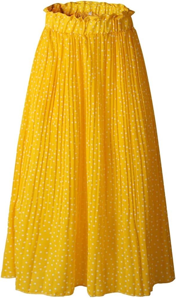 Hoerev Frauen Print Punkt mit Taschen Falten Langer Rock Beach Party Maxi Rock S Gelb Punkt, S Gelb