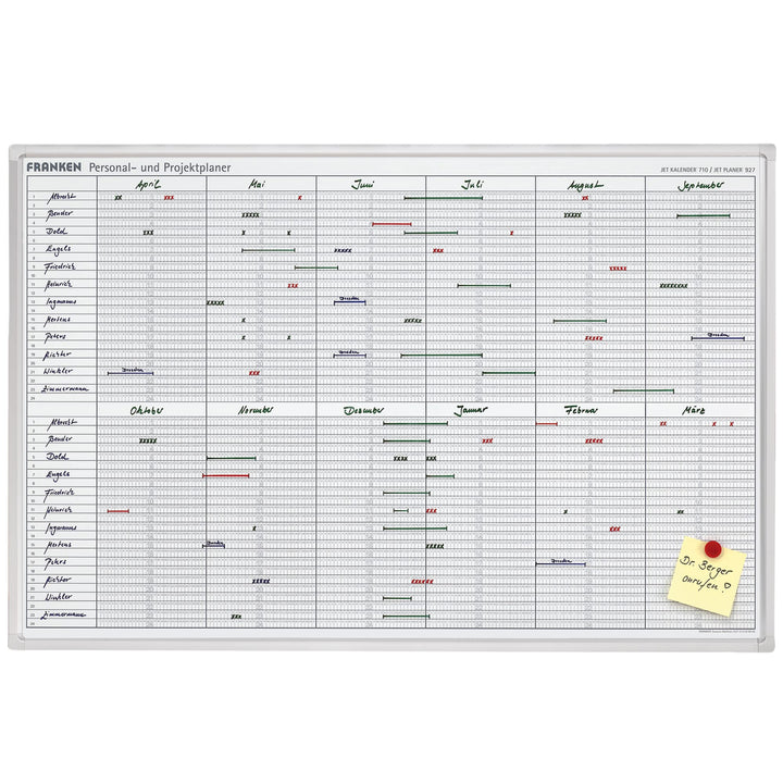 FRANKEN Personal- & Projektplaner über 12 Monate mit 24 Positionen, lackiert, magnetisch, beschreibb
