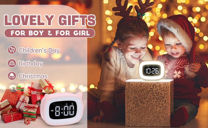 Kinderwecker Digital, Wecker mit Licht, 18 Musik Klingeltöne, 5 Helligkeitsmodi, 12/24 Stunden, USB-