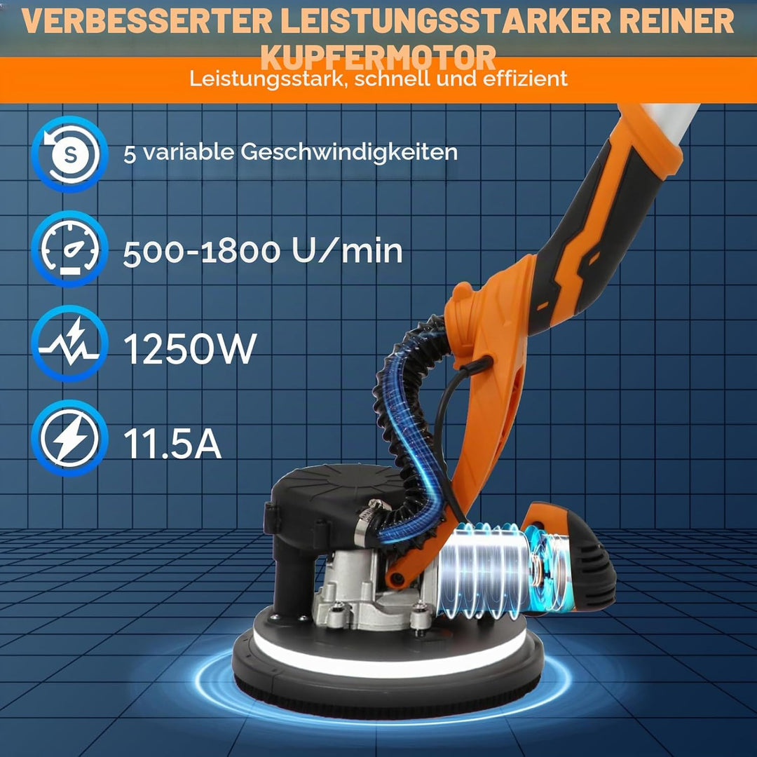 Trockenbauschleifer, 1250 W 225 mm Elektroschleifer, 5 variablen Geschwindigkeiten von 500 bis 1800