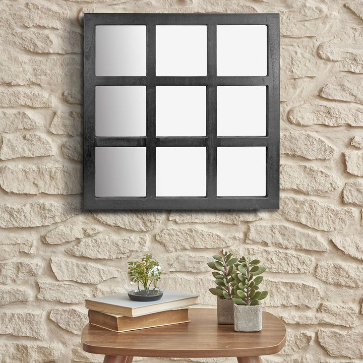 Stonebriar Square Rustic 9 Panel Window Pane Hanging Wall Mirror with Black Painted Wood Finish and