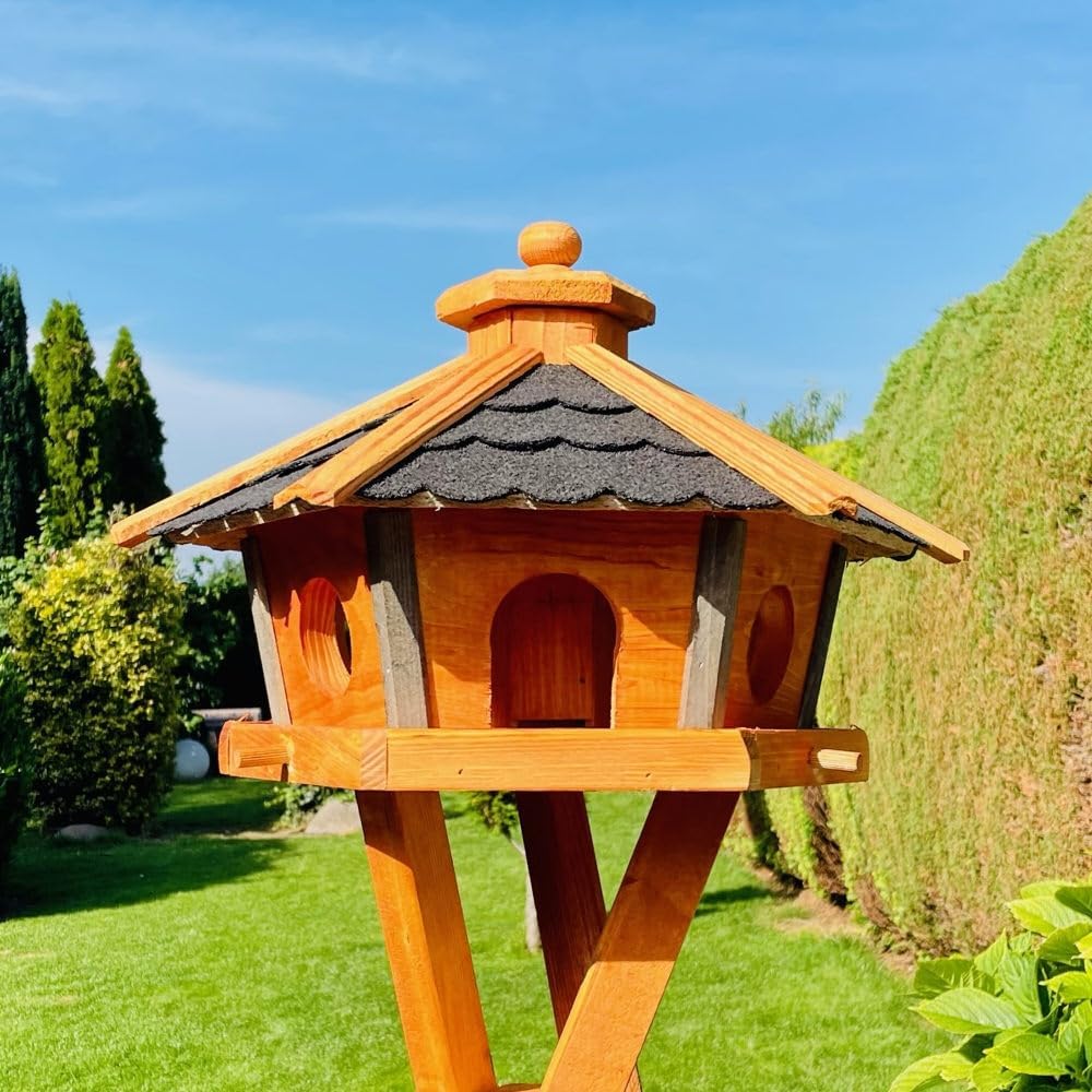 Vogel Futter Haus L oder XL Sechseck Holz Vogelhaus Futterstelle Braun/Blau, Rot, Schwarz und Grün (