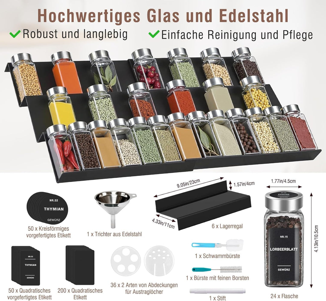 120er Set Eckige Gewürzgläser 120ml mit 30er Gewürzregal Schublade Einsatz für Ordnung in der Gewürz